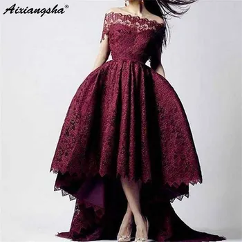 

Burgundy Lace Plus Size Party Dresses Long Formal Occasion High Low Off the Shoulder Backless party evening Gowns