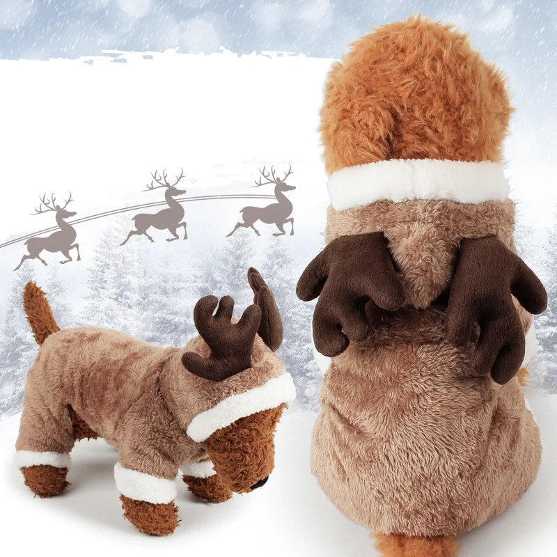 Goedkoop Cosplay Kerst Herten Hond Kostuum Kleding kleding Pluche Puppy Teddy Kerst Cosplay Winter Capuchon Jumpsuit S XL