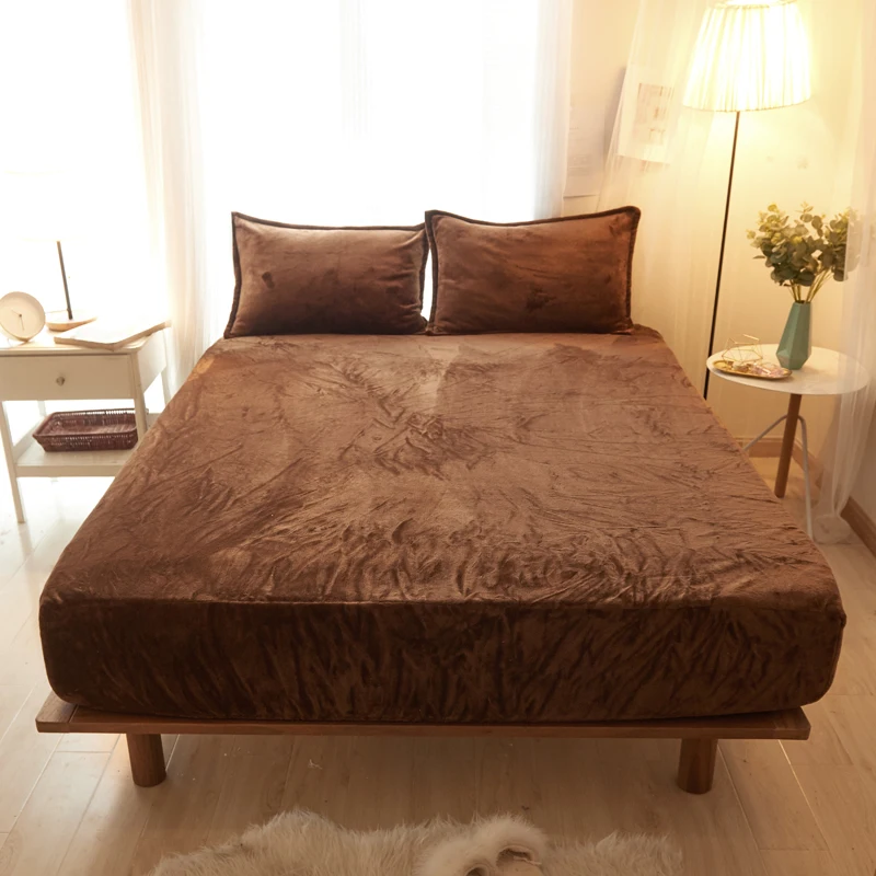 

European Coffee Color Solid Color 3Pcs Bed Sheet With Pillowcase Bed Linen Mattress Covers Fitted Sheet Sets With Elastic 7 Size