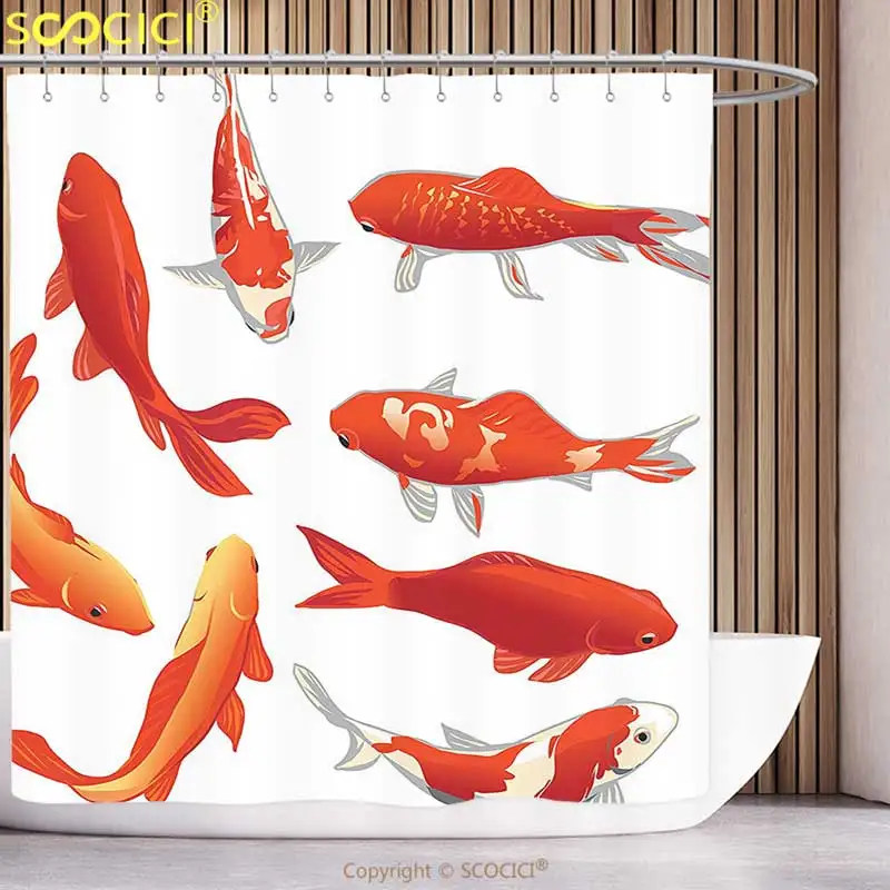 

Stylish Shower Curtain Ocean Animal Decor Legendary Koi Fish Band Chinese Good Fortune and Power Icon Tranquil Orange White