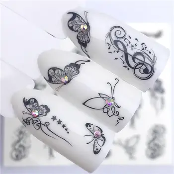 

WUF 1 PC Hot Nail Sticker Black Butterfly Note Beauty Water Transfer Stamping Nail Art Tips Nail Decor Manicure Deca