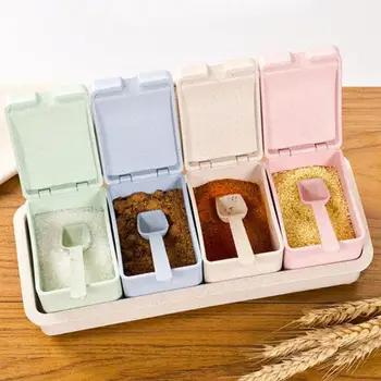 

4 Grid Natural Wheat Straw Seasoning Jar Seasoning Bottle Set Kitchen Dressing Salt Tank Seasoning Tank Seasoning Box and Spoon