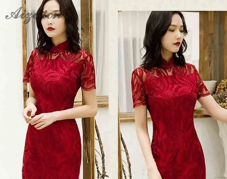 2019 модное кружевное современное платье Чонсам женское Красное Ципао Chinose Женская Роба в восточном стиле традиционное китайское вечернее