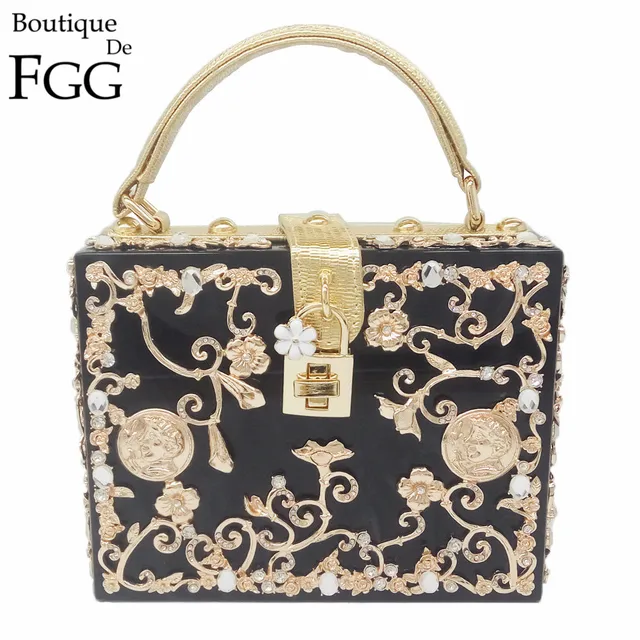Aliexpress Boutique De Fgg Fashion Crystal Flower Women Boutique De Fgg Fashion Crystal Flower Women Black Acrylic Shoulder Handbag Crossbody Bag Hardcase Evening Totes