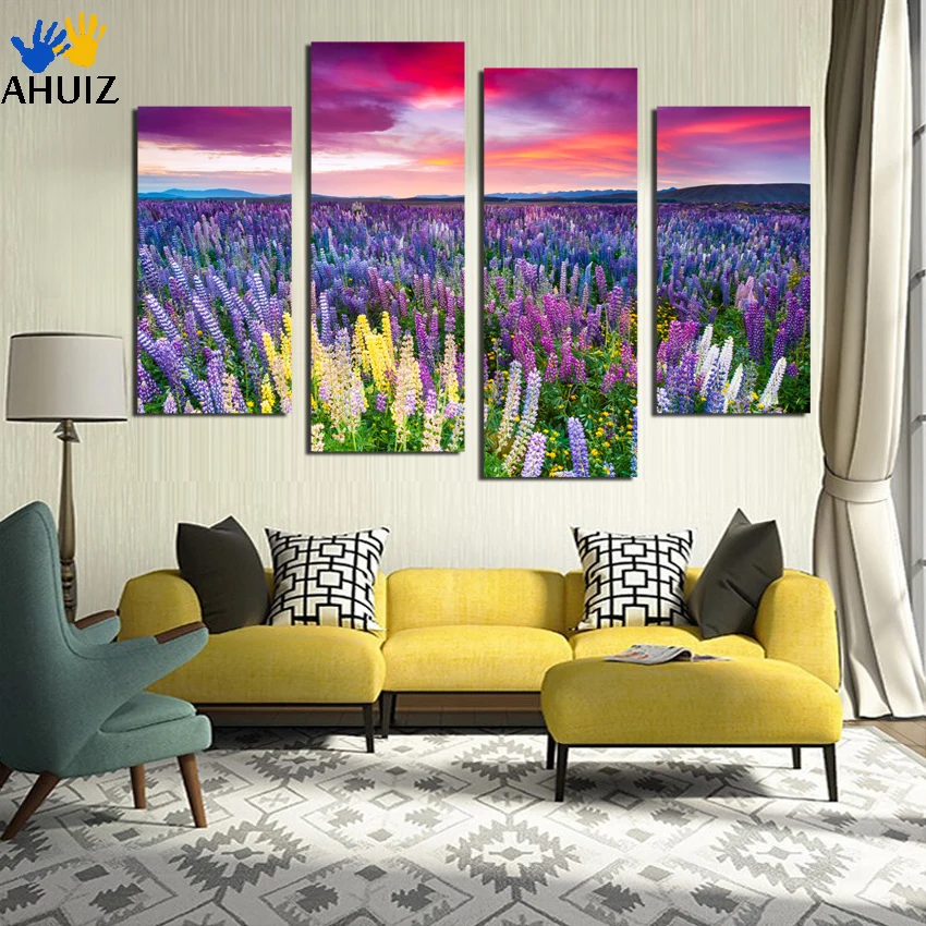 Free shipping 4 piece large canvas art cheap modern abstract Purple pictures color painting ...