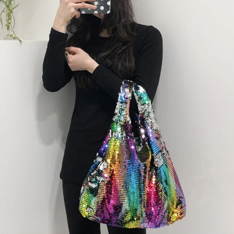 

2019 New Spring Summer Woman Totes Stylish Color Print Pattern Double Strap Top-Handle Bags Sequined Handbag All Match OC580
