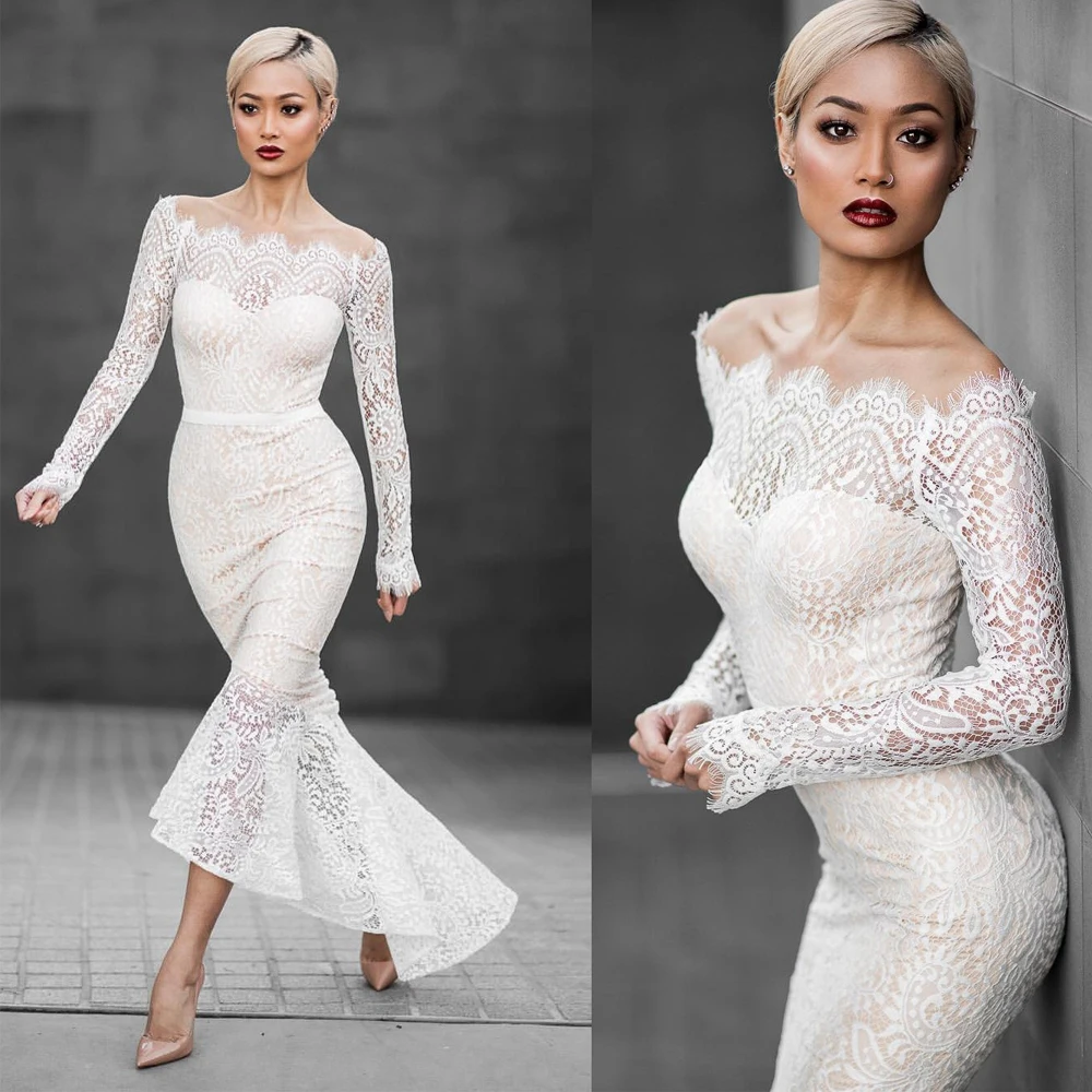 

White Fashion Elegant Long Sleeve Fishtail Dress Slash Neck Sexy Lace Maxi Dress Party Dresses Women Dress robe longue femme