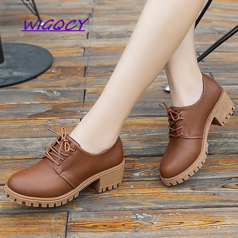 Zapatos de tacón de cuero con punta redonda para mujer, zapatillas de plataforma Mary Janes con cordones, de 2019|Zapatos de tacón de mujer| AliExpress