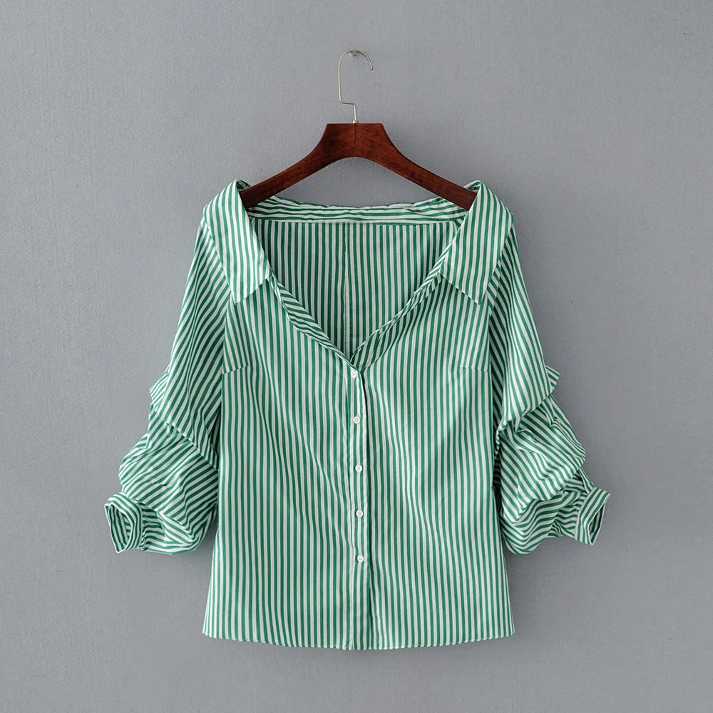 

Fashion European Style Green Stripe Sexy V Neck Off The Shoulder Shirts Women Puff Sleeve Summer Blouses Female