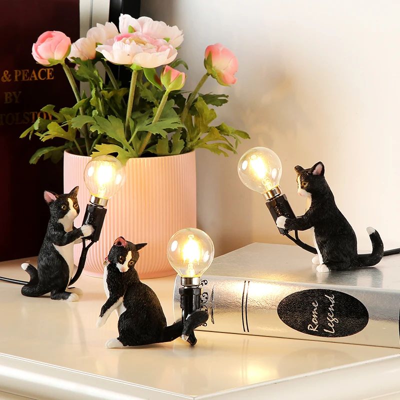

Art White Black Grey Cat Kitty Desk Lights lamp EU/USA plug Small Animal Table Lamp Lights Kids' Gift Room Decorate night light