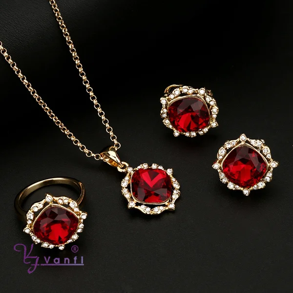 

Kfvanfi rhinestones crystal zinc alloy jewelry set square shaped red stone earring necklace ring sets costume jewelry for women