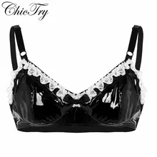 Модный мужской черный бюстгальтер на бретельках с цветочным принтом, кружевной бюстгальтер с бантом Wetlook, топ из искусственной кожи для ночного белья