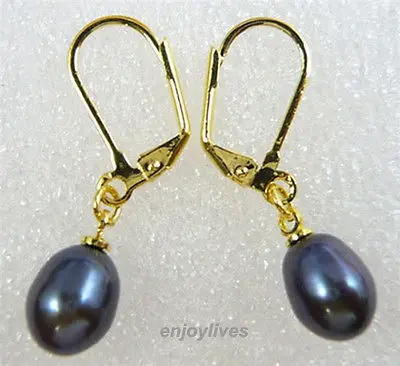 

Free shipping Genuine Black Pearl Yellow Gold Plated Hook Earrings 6.10