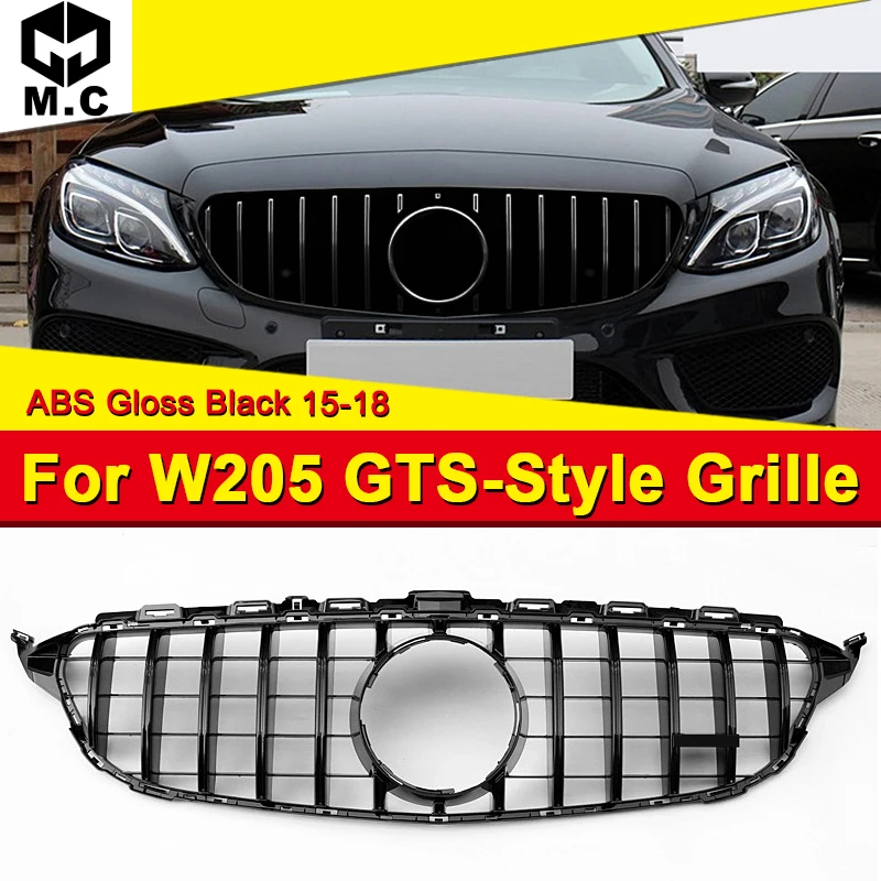 W205 GTS Style Front Grille Grills Fits For Sports C180 C200 C250 without Camera Hole Black Bumper Mesh 15-18 | Автомобили и