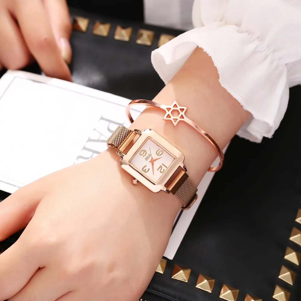 Креативные прямоугольные женские часы модные повседневные роскошные часы из розового золота с бриллиантами Женские наручные часы Стальные часы с магнитной сеткой