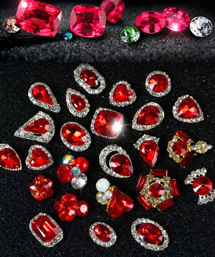 Arte do Unha Novo Estilo Pçs 3d Quente Vermelho Gem Unhas Strass Liga Decorações Jóias Cristais Acrílico Adesivo Ano 24 100 2 Strass e decorações