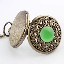 Бронзовый зеленый драгоценный камень полые Для женщин кварцевые карманные часы кулон Цепочки и ожерелья Fob цепи изумруд часы Для женщин