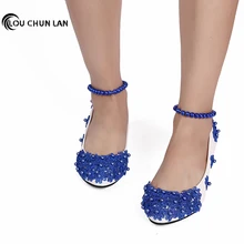 Women’s Pumps Blue fashion Shoes Handmade Women’s Wedding Shoes Dress Low-Heeled anklets 3cm/4.5cm Heel Free Shipping Party