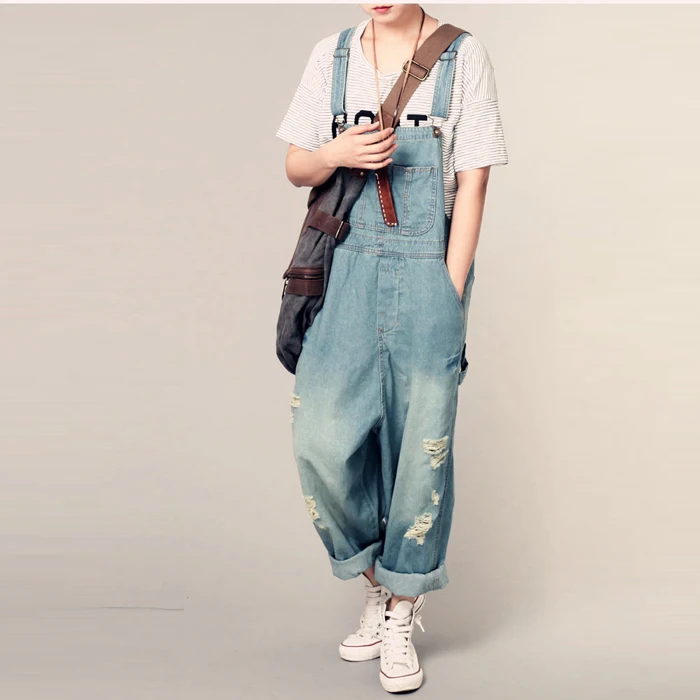 

2017 Women's blue denim Jumpsuit Hip-Hop hole ripped baggy Wide leg pants Women jeans overalls Suspender Jeans pants 041616