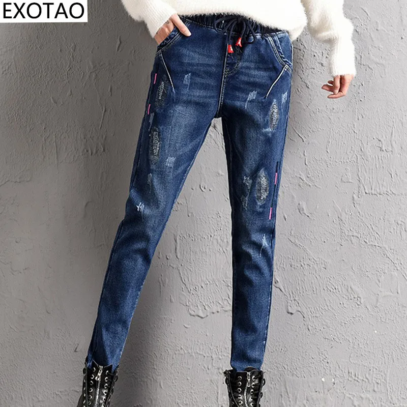 

EXOTAO 2017 Winter Warm Jeans for Women Harajuku Plus Velvet Denim Pants Female Personality Embroidery Pencil Pantalones Mujer