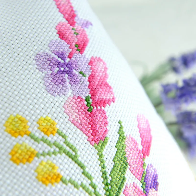 Wild Flower Lavender Stamped Cross Stitch Cushion Cover Floral Embroidery Kit Throw Pillow Set,Purple Pink Wildflower, 18inch