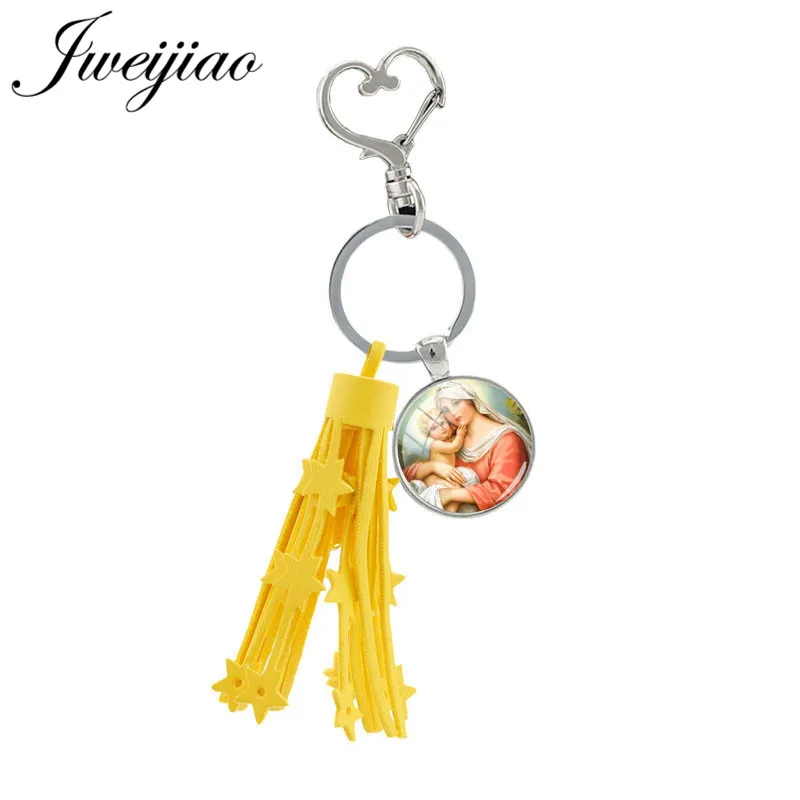 

JWEIJIAO Yellow Tassel Pendant Virgin Mary and Jesus Keychain Glass Dome Art Painting Heart Clasps Keyring Bag Key Decor MY09
