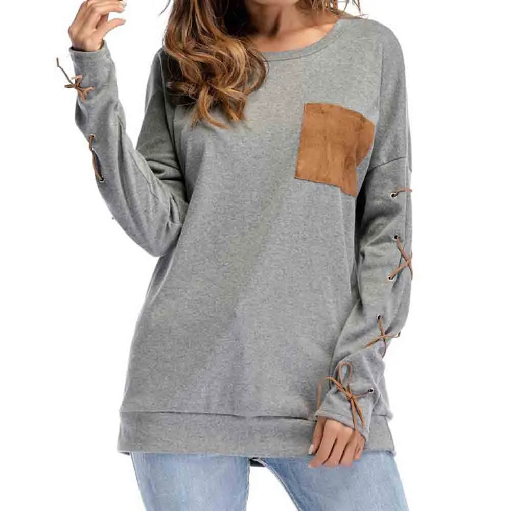 Fashion Ladies O Neck Sweatshirt Long Sleeves Hand Cuff Strap Pocket