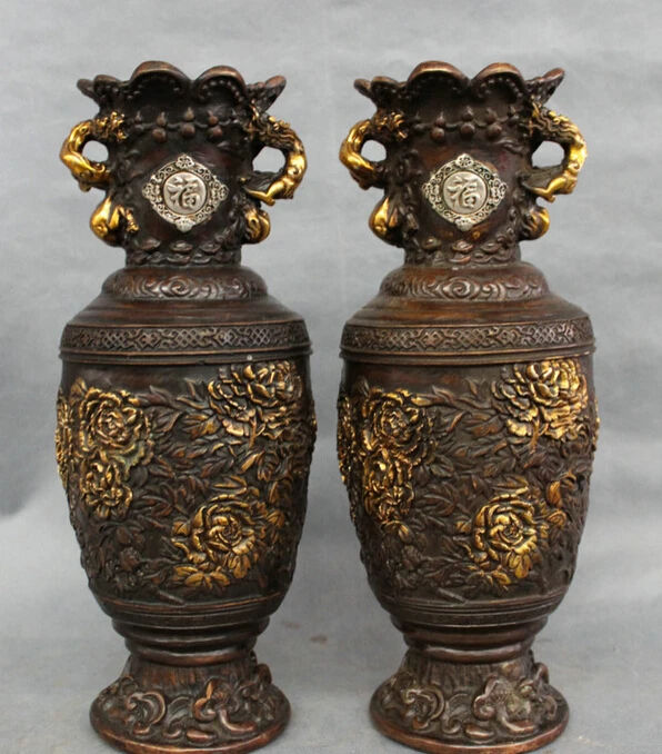 SCY S3671 13&quot Chinese Bronze FengShui Dragon Head Statue Auspicious Flower Pot Vase Pair D0318 | Дом и сад