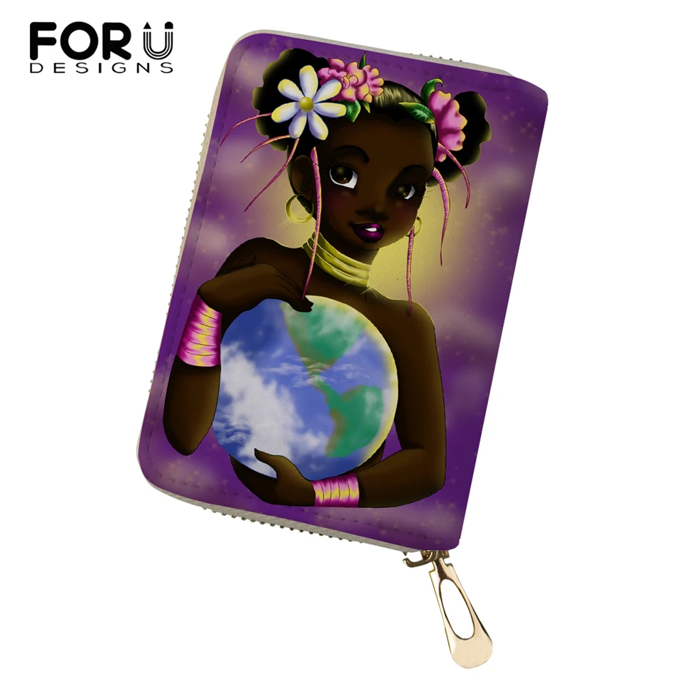 

FORUDESIGNS African Girls Printing Pattern Girls Money Purses Bags Women PU Business Card Holder Fashion Lady Cluth Card Wallets