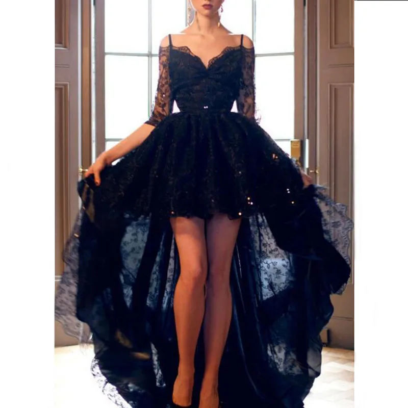 Sexy Double V Neck Hi Low Prom Party Dresses Elegant Black Lace Beaded Tulle Long Evening Formal Dresses Robe De Soiree - Цвет: Черный