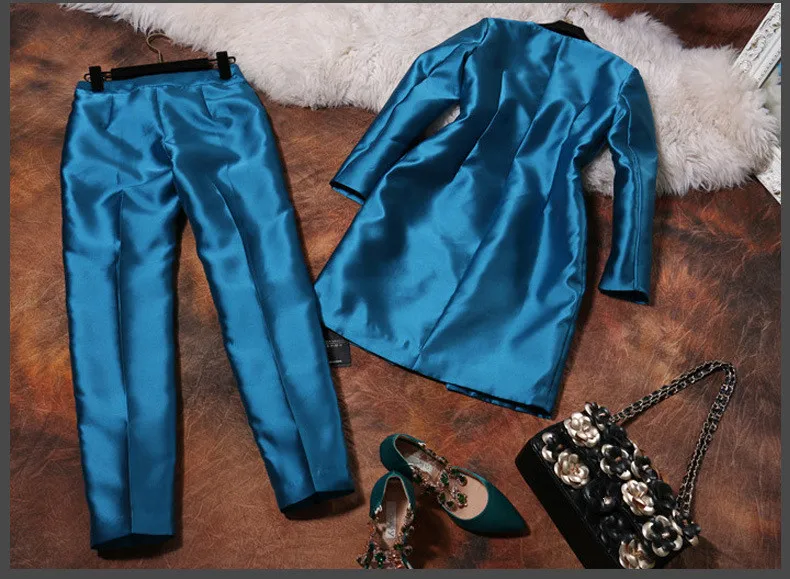 Новый осенний женский бантом Бизнес набор ярко-синий Длинные Пиджаки для женщин Брюки для девочек Костюмы офиса из двух частей Наборы для