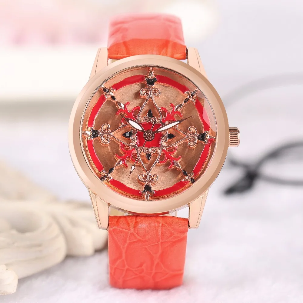 Elegant Colorful Carving Flower Ladies Wrist Watch Trendy Women Rose PU