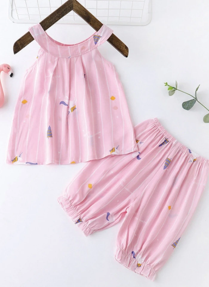 Children Girls Casual Cotton Cactus Pattern Round Neck Sleeveless Short Pants Pajamas Set Leisure Wear Flower Set 0-2Y