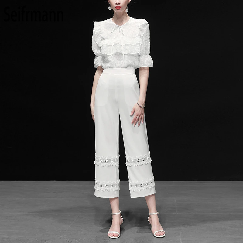 

Seifrmann New Summer Women Suits Runway Fashion Designer Embroidery Ruffles Bow Tie Shirt+ Hollow Out Long Pants 2 Pieces Set