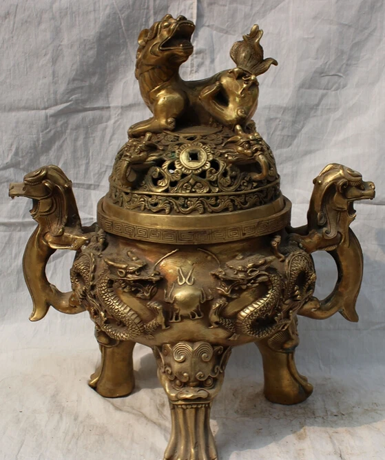 

S4866 17" Tibet Brass Dragon Foo Fu Dog Lion PiXiu Beast Statue Incense Burner Censer D0318