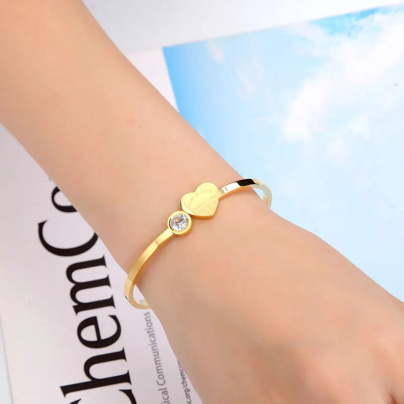 Bangle Bracelet Crystal Bracelets Open Spring Bangle Crystal And Engraving Forever Love Heart Brand Titanium Steel Women Gift