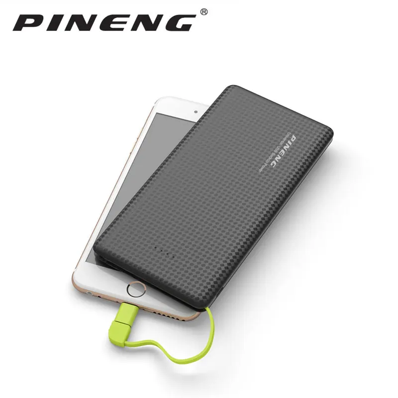 Внешний аккумулятор PINENG на 10000 мАч двойной USB со встроенным кабелем внешний