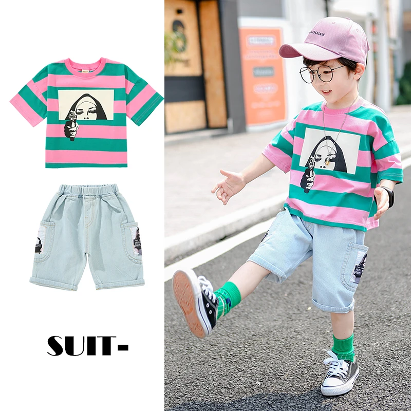

Kids Summer Clothes 2019 Striped Short Sleeve Tshirt + Jeans Pant Infant Boys Sets Child Tracksuit Outfits 2 3 4 7 8 9 10 Years