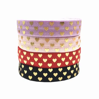 

Gold Foil Love Heart Printed Fold Over Elastic Webbing 16mm 10 Yards DIY 5/8" Stretch Handmade Girls Hair Band Sewing Ribbons