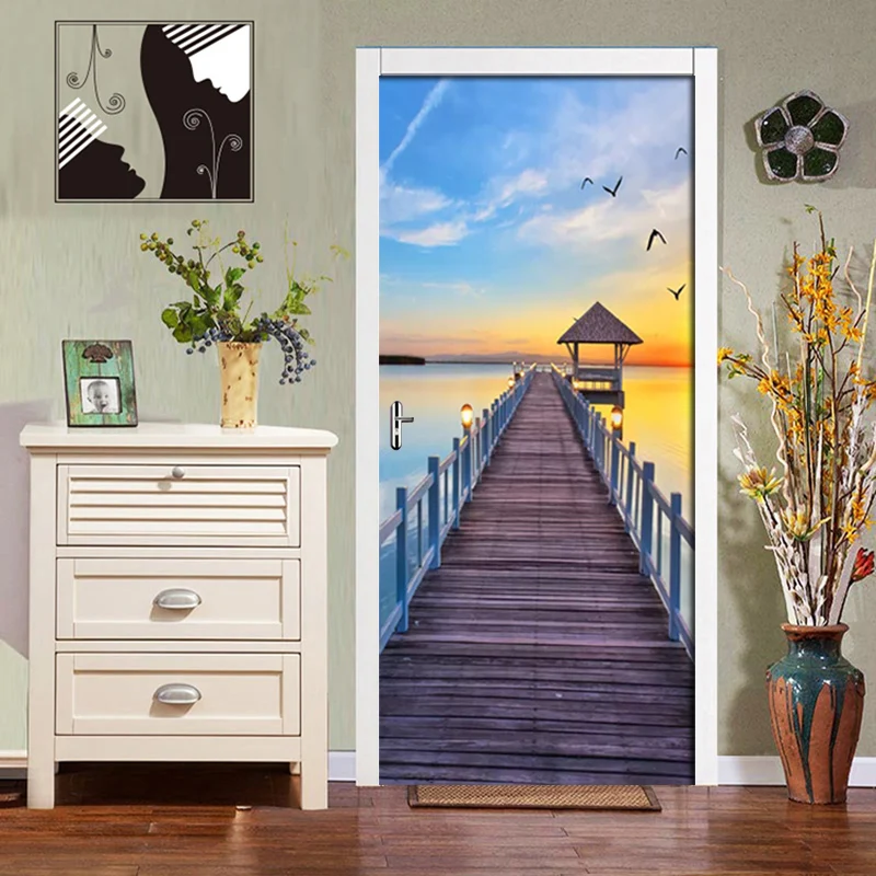 Красивый деревянный мост морской пейзаж обои ПВХ водонепроницаемый самоклеющиеся двери Стикеры гостиной спальни двери декор Фреска плакат
