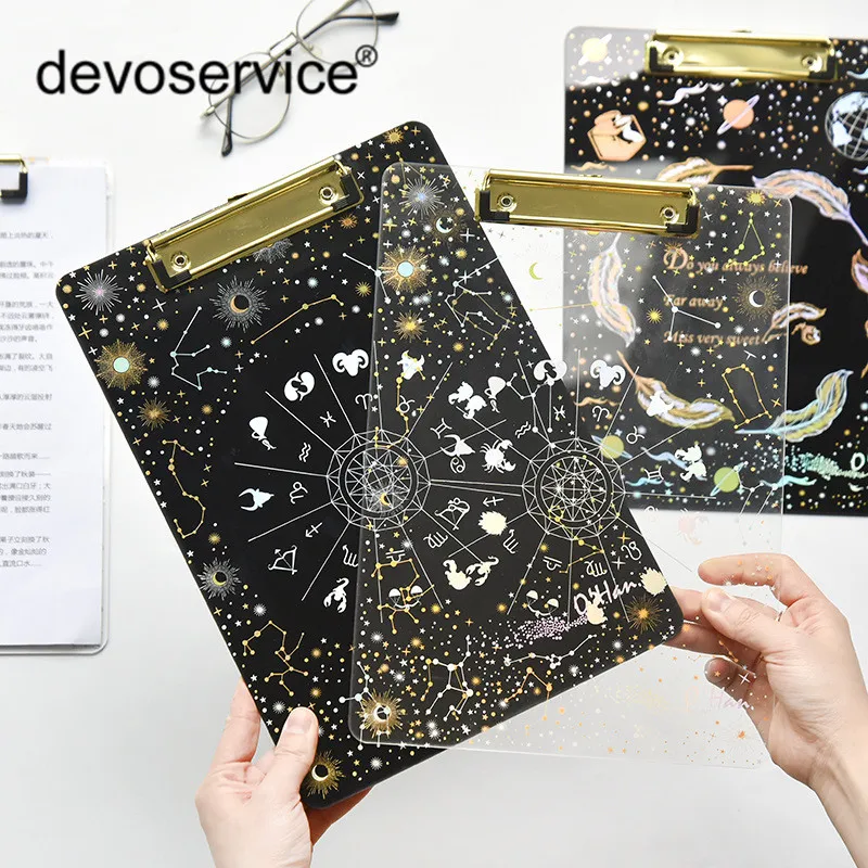 

A4 Starry Acrylic Hot Stamping Plate Clips Transparent Black Fantasy WordPad Folder Student Stationery Hard Plastic Folder Gifts