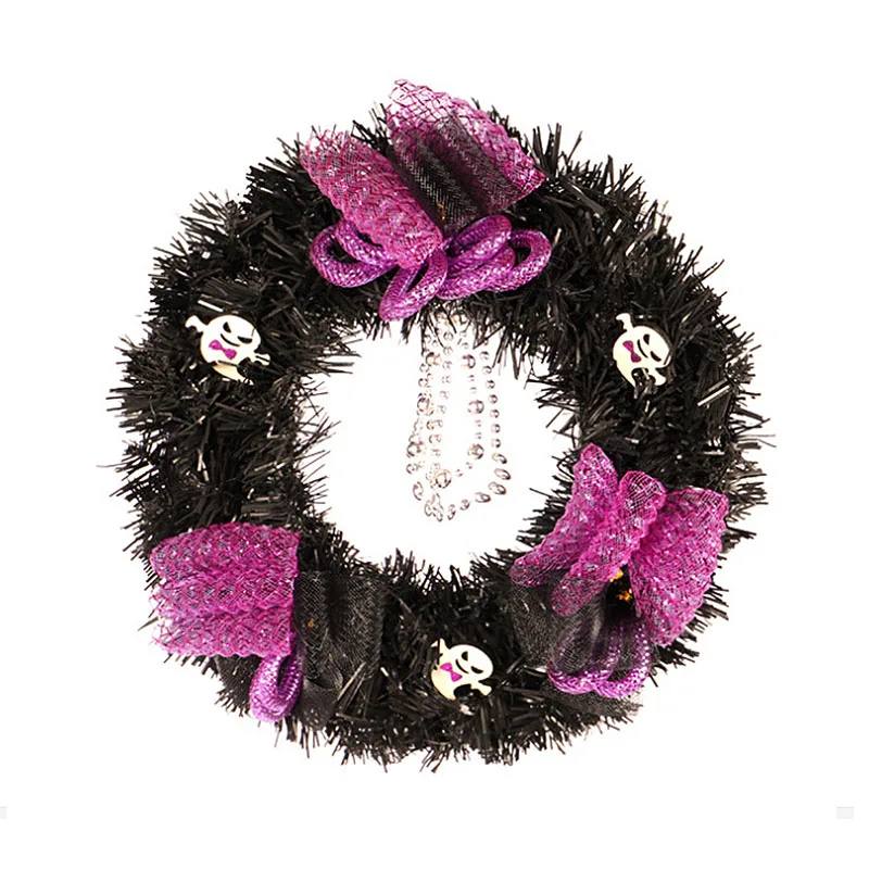 

30/40cm Halloween Black Tinsel Flower Wreath with Skulls for Home Garden Wall Door Window Hanging Flower Garland Ornaments