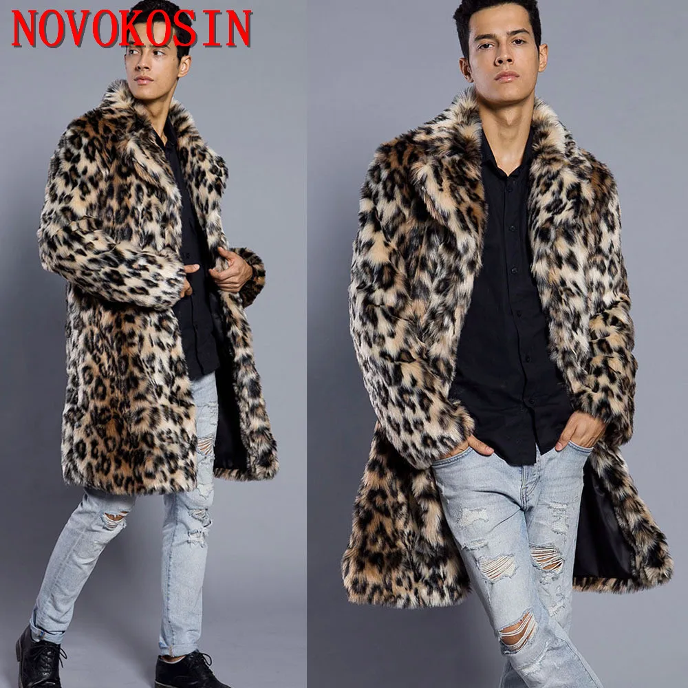 S-6XL Winter Warm Plus Size Open Stitch Leopard Plush Coat Men Faux Rabbit Fur Suit Neck Cardigan Thicken Long Fur Trench