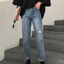 Женские потертые джинсы бойфренда на весну и осень, украшенные боковыми карманами, женские джинсовые штаны с высокой талией, свободные синие женские винтажные джинсы