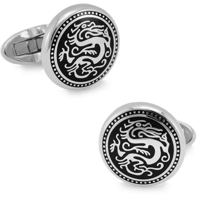 

White Gold Electroplated + Enamel round Cuffliks dragon pattern high quality metal men's Cuff Links + Free Shipping !!!