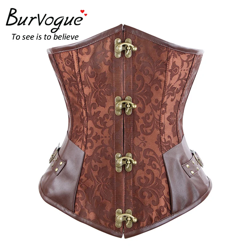 Cena Burvogue Steampunk gorset brązowy czarna stal Bone Underbust gorsety zgredek Corselets seksowna talia Slim gorsety pas wyszczuplający w talii gorset