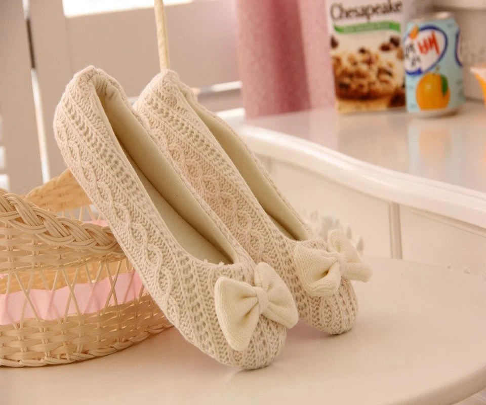 

Knitting Wool Bow Cotton Women Slippers Comfortable Non-Slip Rubber Sole Soft Indoor Shoes Home Slippers Beige Pink
