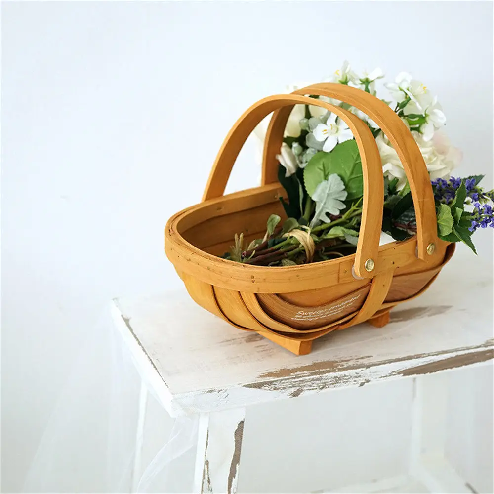 

French Pastoral Picnic Wooden Table Storage Basket with Handle Retro Dessert Desk Storage Basket Fruit Organizer Home Decor Prop