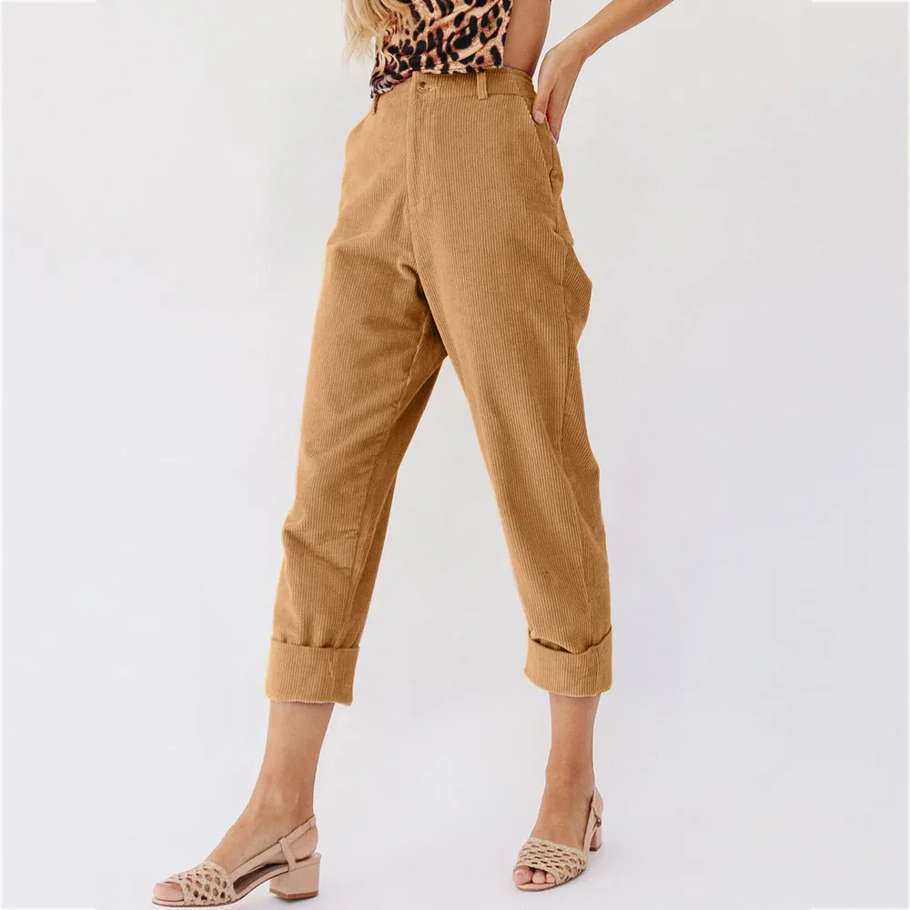 

Feitong Women Solid Corduroy Full Length Button Fly Pants Comfortable Streetwear With Pocket Female Trousers Femme Pantalons