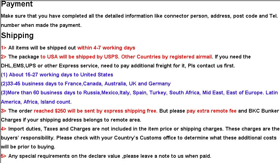 payment and shipping